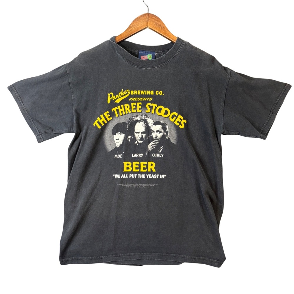 Vintage 2001 The Three Stooges Panther Brewing Co Beer T-Shirt Black Medium